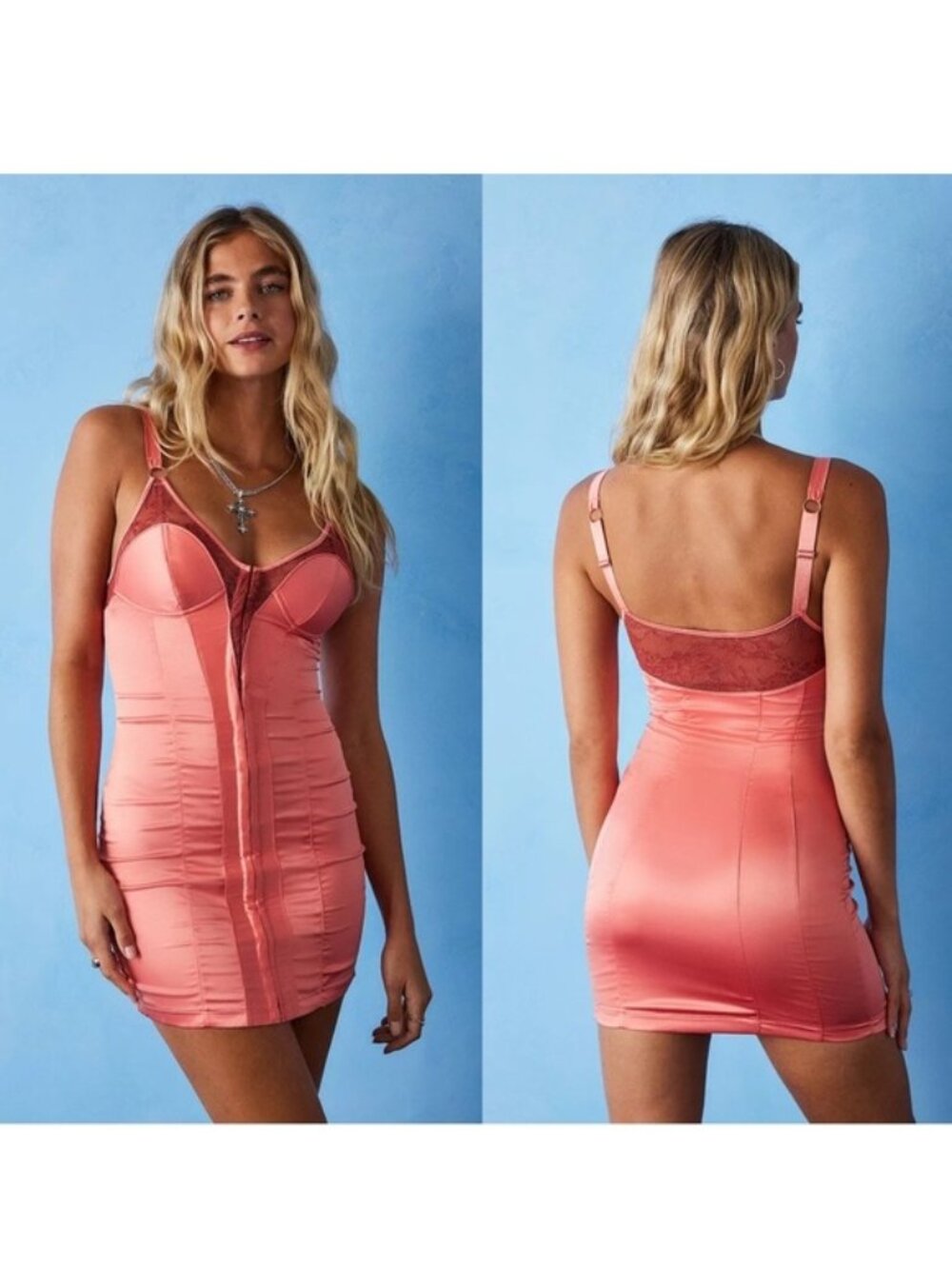 Urban Outfitters | Coral Pink Piper Satin Corset Dress | Size Extra Small